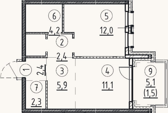Планировка: 1-к, 42,1 м²