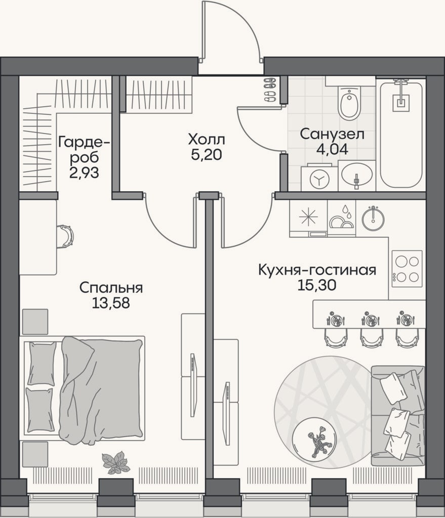 Планировка: 2-к, 40,5 м²