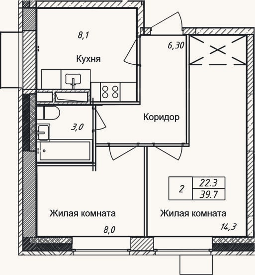 Планировка: 2-к, 39,7 м²