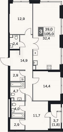 Планировка: 4+ к, 101,9 м²