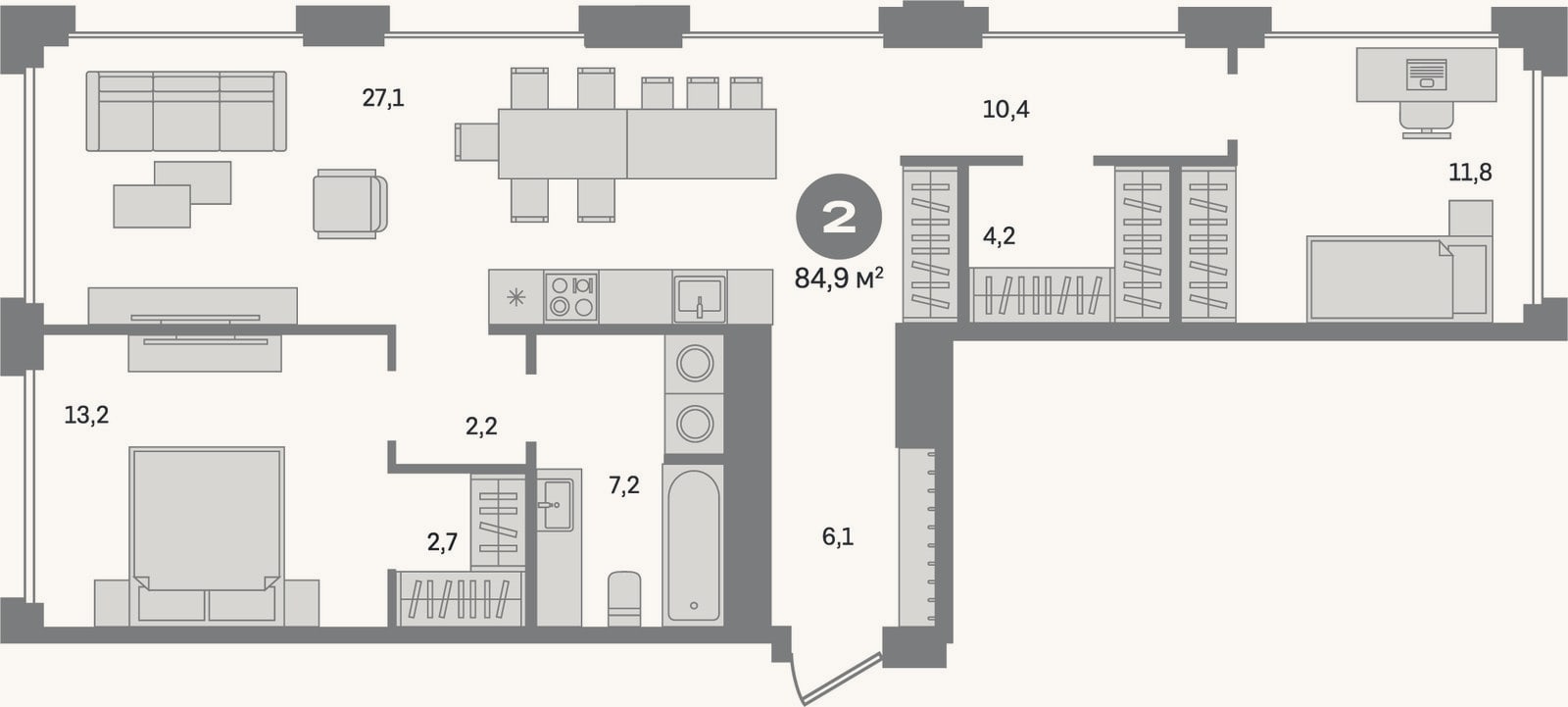 Планировка: 2-к, 84,9 м²