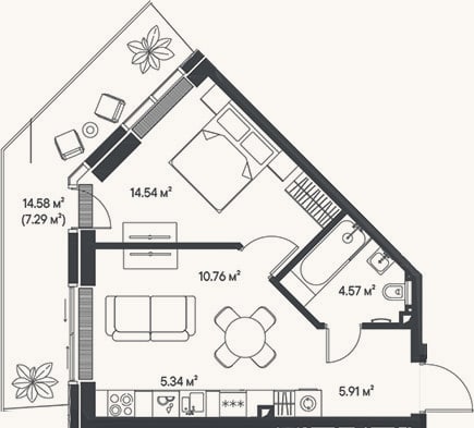 Планировка: 2-к, 41,1 м²