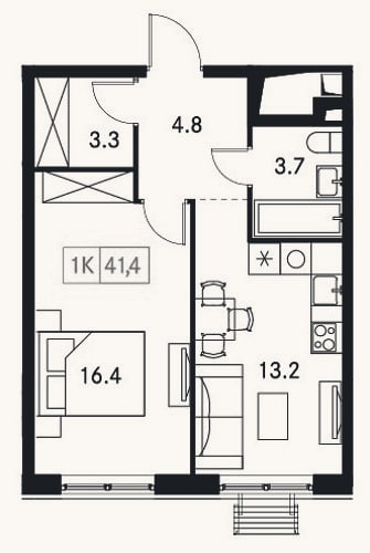 Планировка: 1-к, 41,4 м²