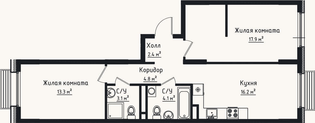 Планировка: 2-к, 61,8 м²
