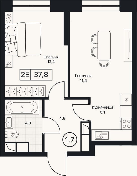 Планировка: 2-к, 37,8 м²