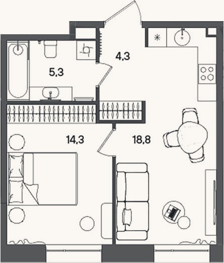 Планировка: 2-к, 42,7 м²