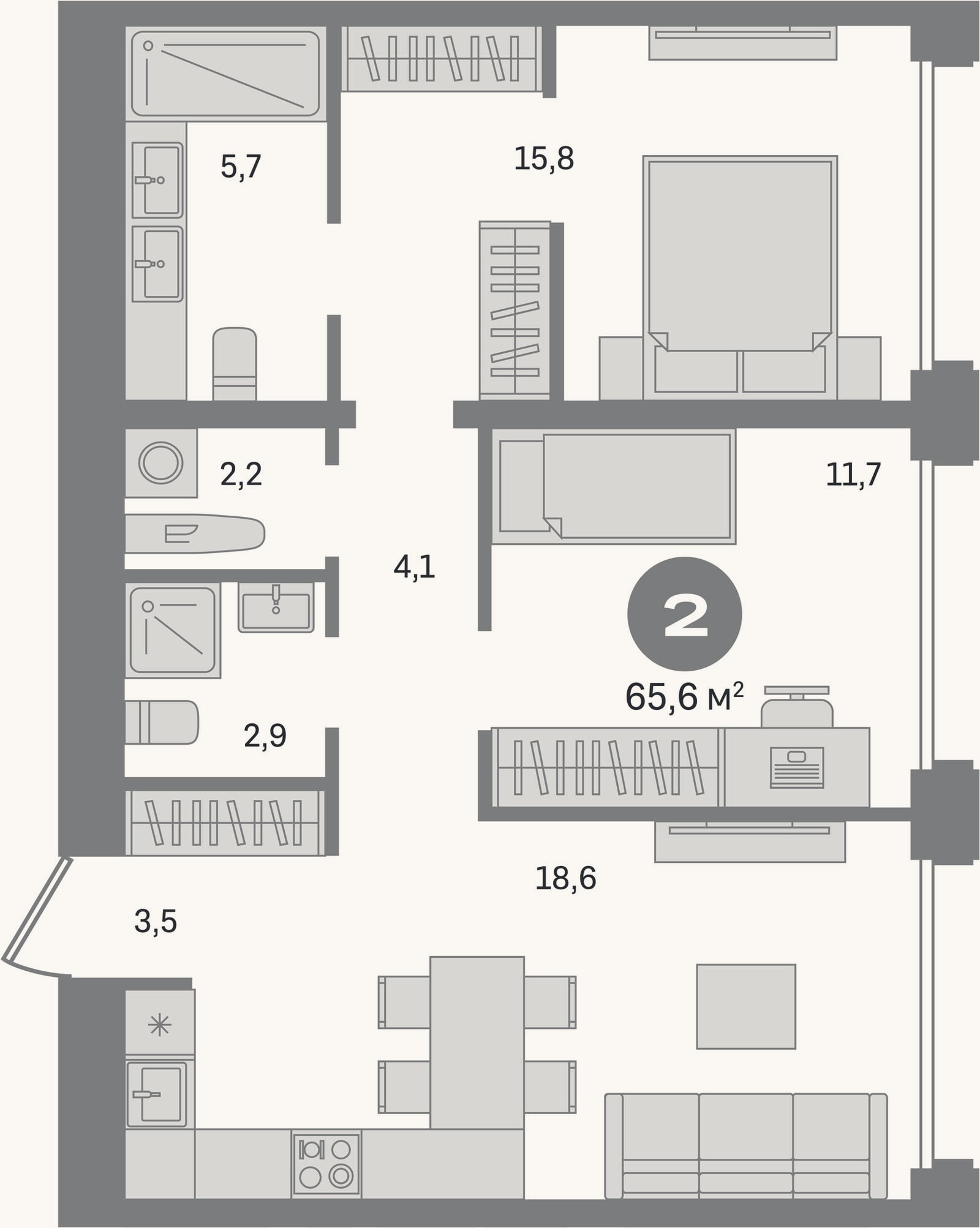 Планировка: 2-к, 65,6 м²