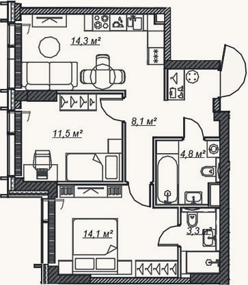 Планировка: 3-к, 56,1 м²