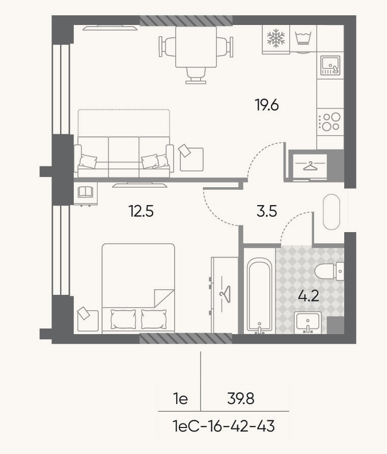 Планировка: 2-к, 39,8 м²