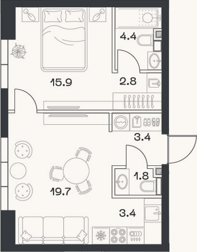 Планировка: 2-к, 51,9 м²