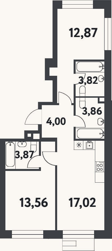 Планировка: 2-к, 59 м²