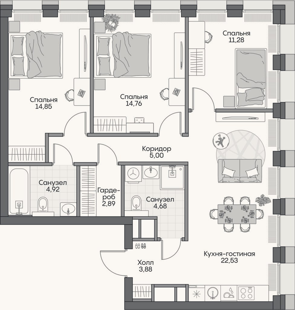 Планировка: 4+ к, 82,8 м²