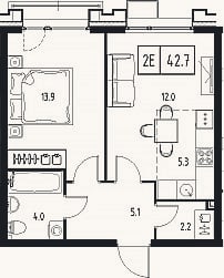 Планировка: 2-к, 42,5 м²