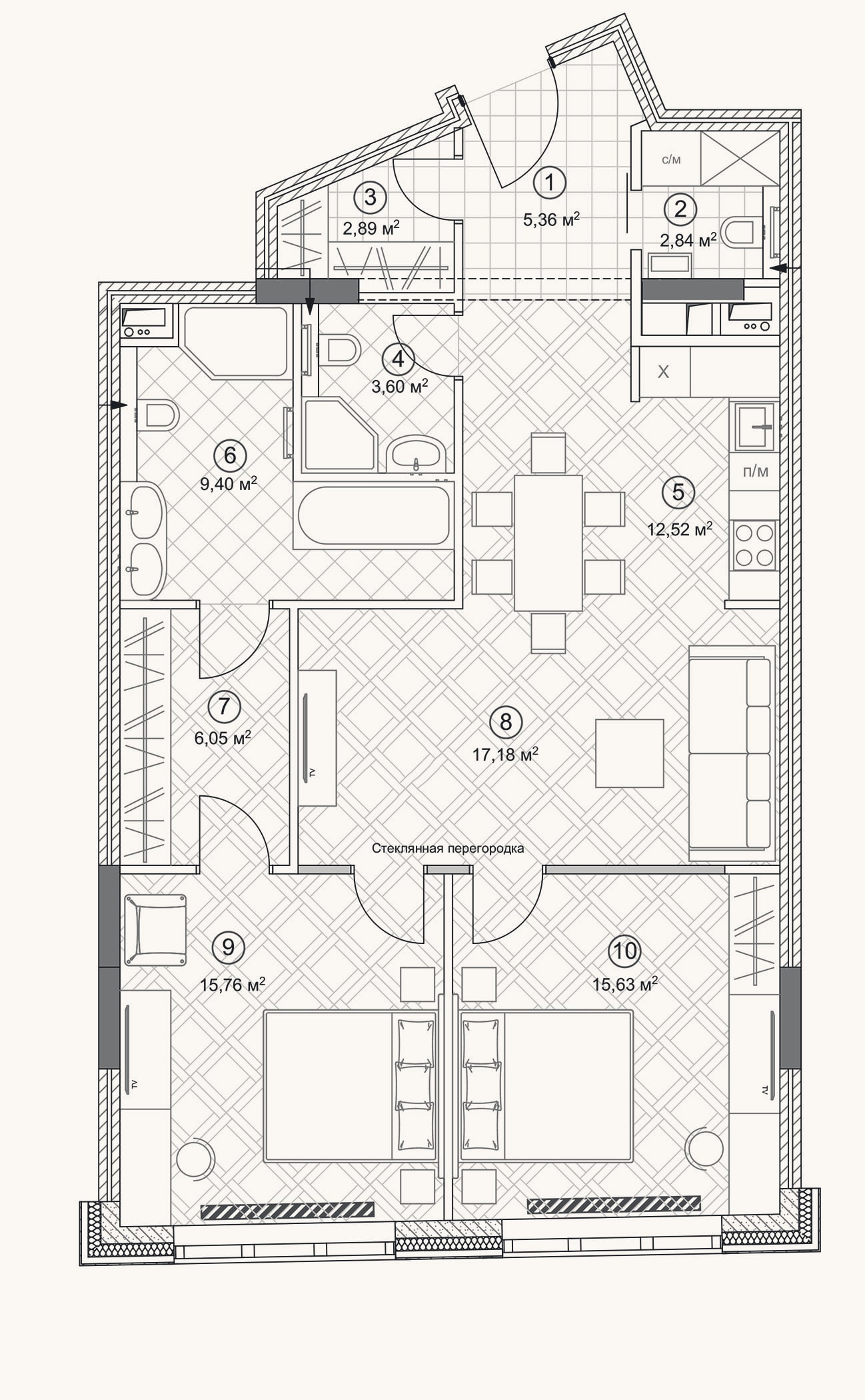 Планировка: 3-к, 93,6 м²