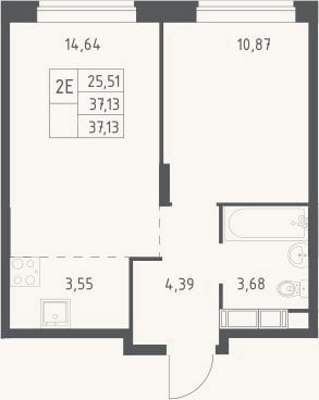 Планировка: 2-к, 37,1 м²