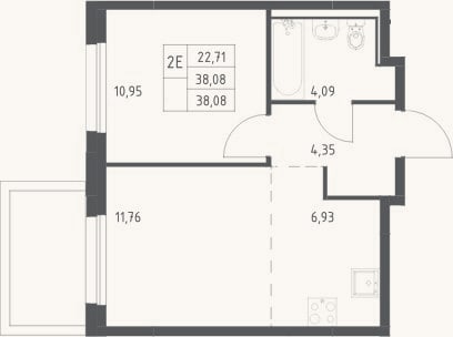 Планировка: 2-к, 38,1 м²