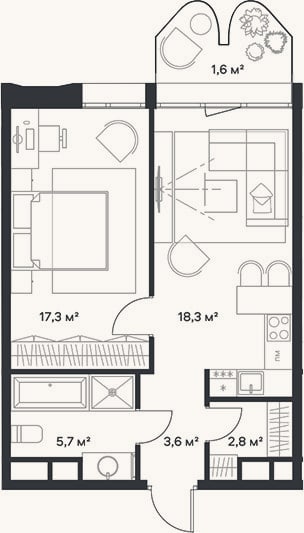 Планировка: 2-к, 47,7 м²
