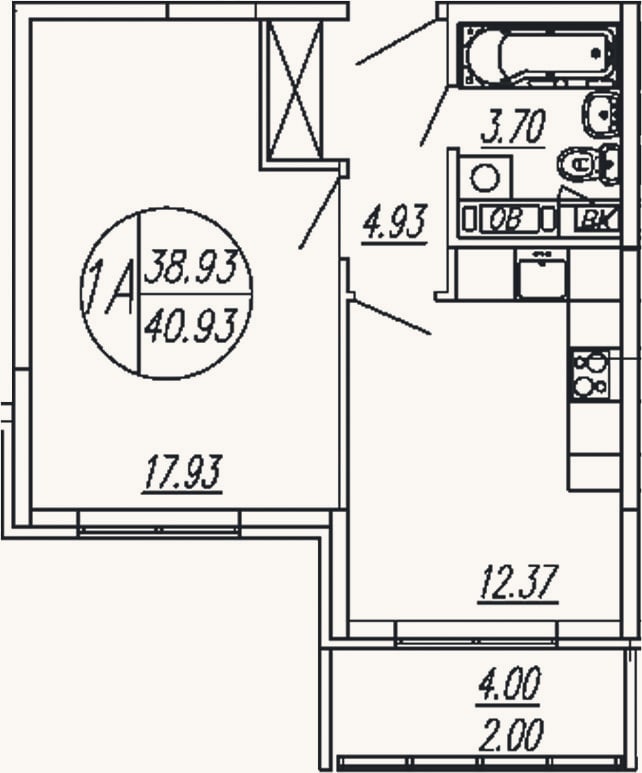 Планировка: 1-к, 38,9 м²