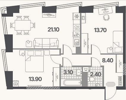 Планировка: 3-к, 62,7 м²