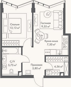 Планировка: 2-к, 46,3 м²