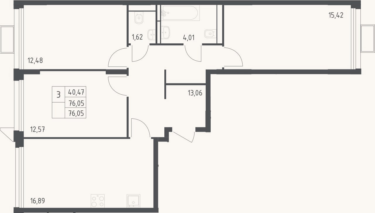 Планировка: 3-к, 76,1 м²