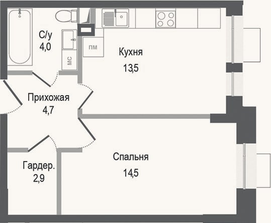 Планировка: 1-к, 39,6 м²