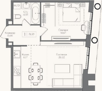 Планировка: 2-к, 51,1 м²