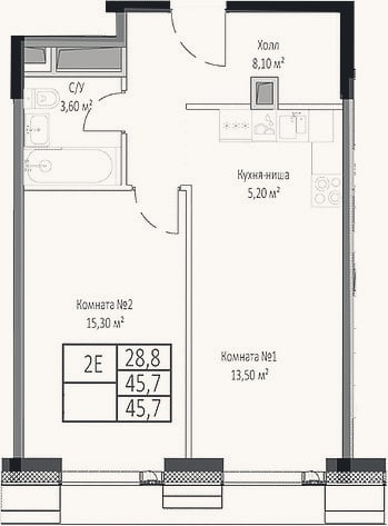 Планировка: 2-к, 45,7 м²