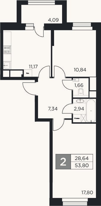 Планировка: 2-к, 51,8 м²