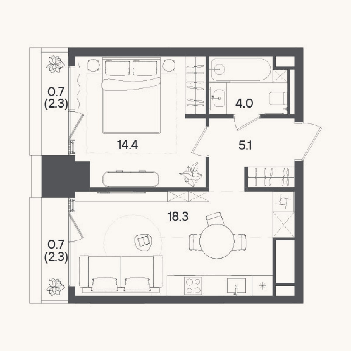 Планировка: 2-к, 41,8 м²