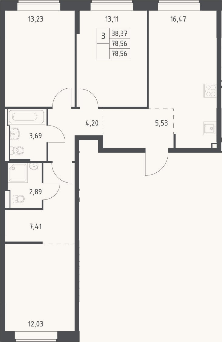 Планировка: 4+ к, 78,6 м²