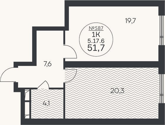 Планировка: 1-к, 51,7 м²