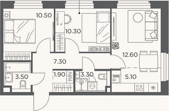 Планировка: 3-к, 54,5 м²