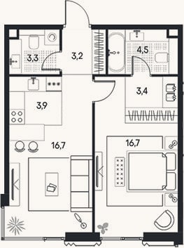 Планировка: 2-к, 51,7 м²