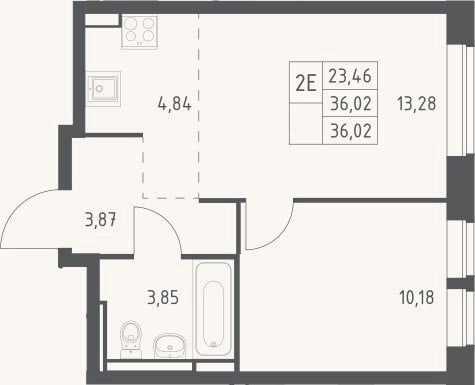 Планировка: 2-к, 36 м²