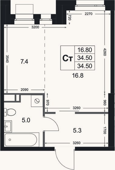 Планировка: Студия, 34,5 м²