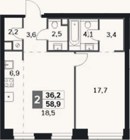 Планировка: 2-к, 58,9 м²