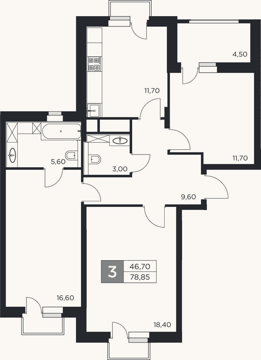 Планировка: 3-к, 76,6 м²