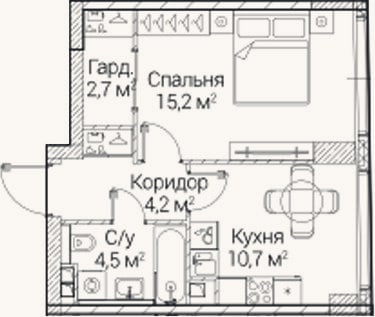 Планировка: 1-к, 37,2 м²