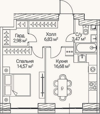 Планировка: 1-к, 44,5 м²
