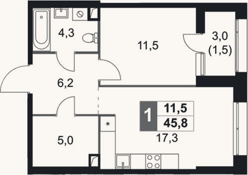 Планировка: 2-к, 44,3 м²