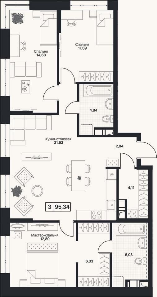 Планировка: 3-к, 95,3 м²