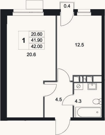 Планировка: 1-к, 41,9 м²