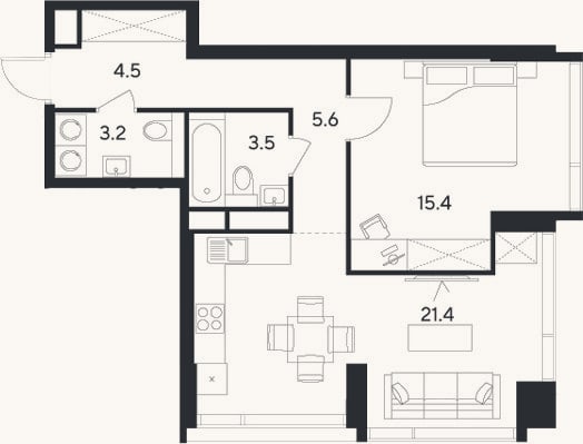 Планировка: 2-к, 53,6 м²