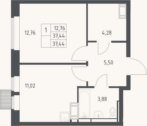 Планировка: 1-к, 37,4 м²
