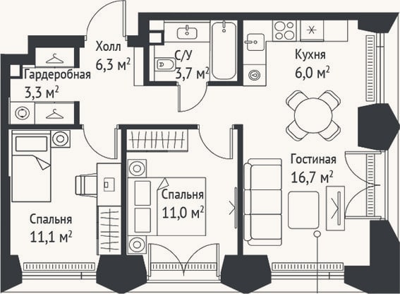 Планировка: 3-к, 58,2 м²