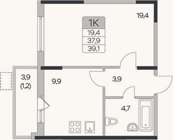 Планировка: 1-к, 37,9 м²