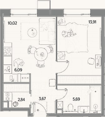 Планировка: 2-к, 42,2 м²
