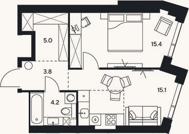Планировка: 2-к, 43,5 м²