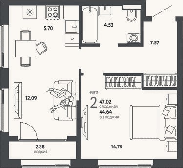 Планировка: 2-к, 44,6 м²